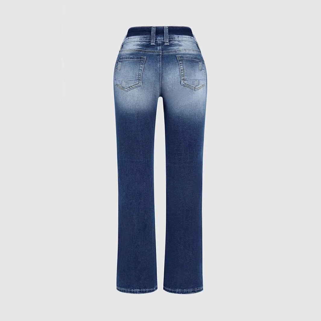 Ladies Mid Waist Stretch Fade Washed Jeans Simple Slim