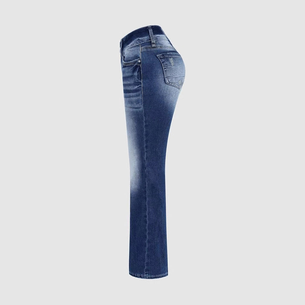 Ladies Mid Waist Stretch Fade Washed Jeans Simple Slim