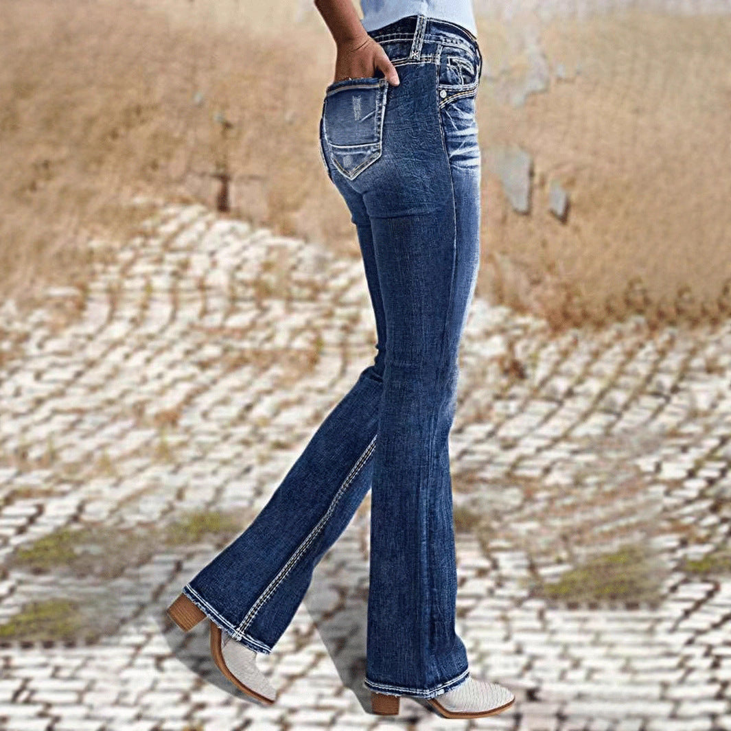 Ladies Mid Waist Stretch Fade Washed Jeans Simple Slim